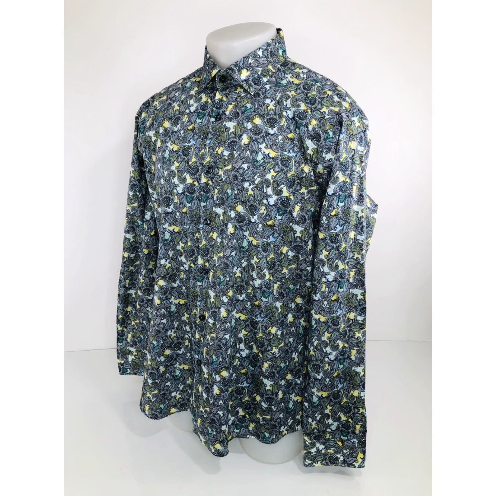 Jared Lang JARED LANG Paisley Mens XL Shirt - Button-Up - Long Sleeve - Green / Yellow / White / Black / Blue - B1 Size US XL / EU 56 / 4 - 3 Thumbnail