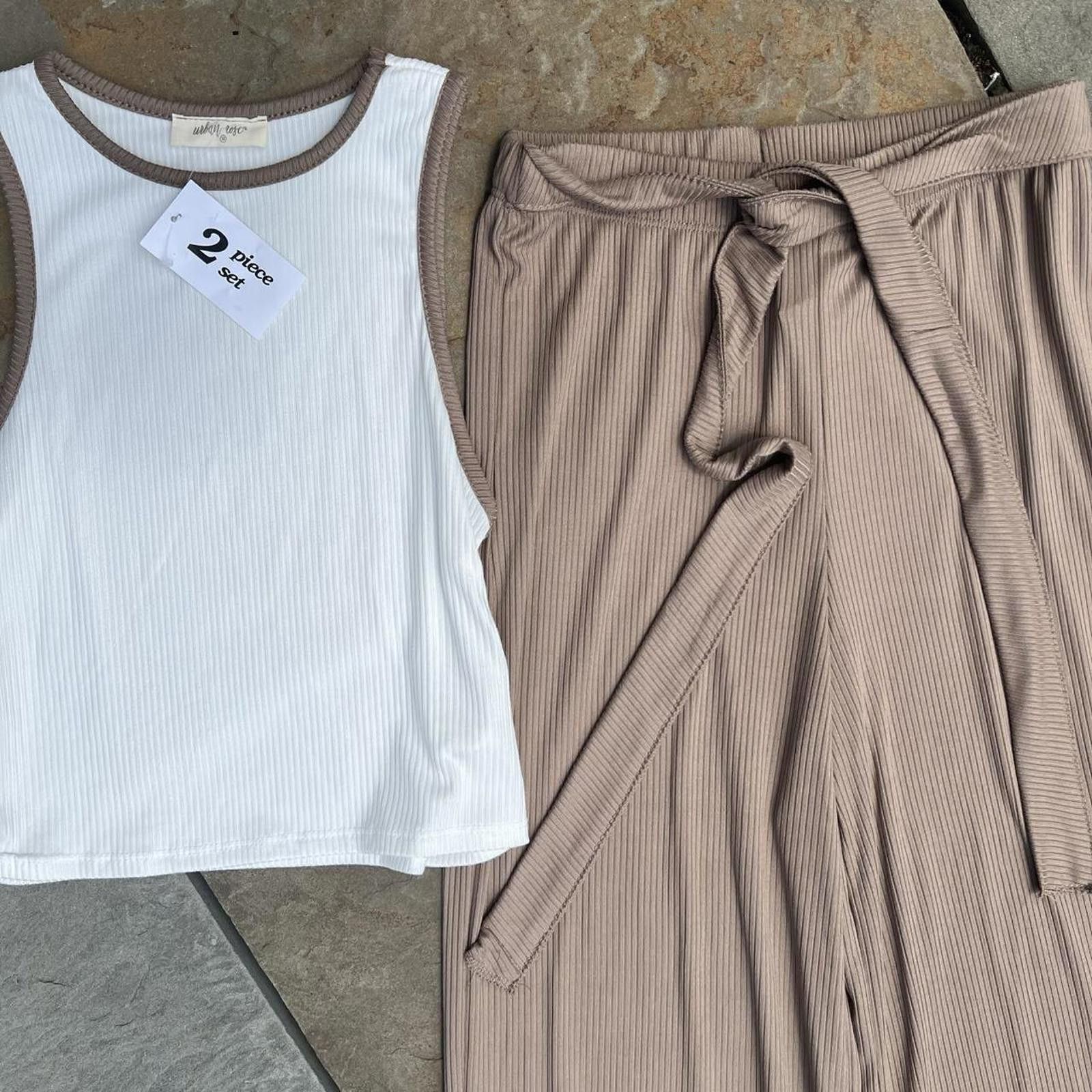 Other NWT 2 Piece White/Brown Tank Top + Flowy Pants Made in USA Size 32" / US 10 / IT 46 - 2 Thumbnail