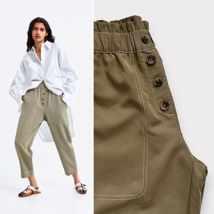 Zara Zara Buttoned Slouchy Pants XS Camel Tan Womens Pull On Tape