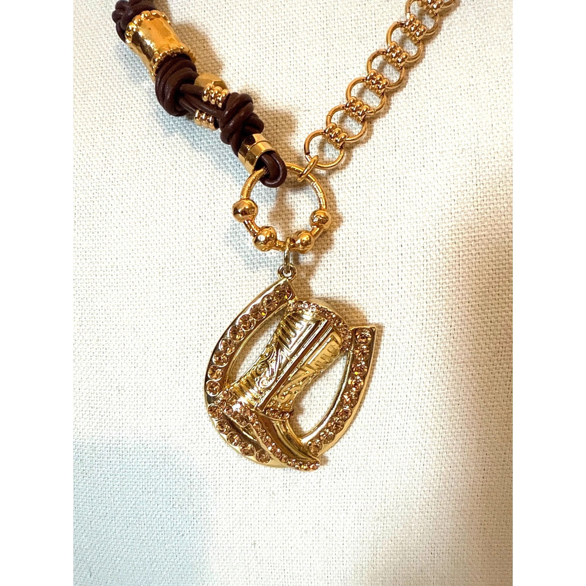 Other Gold Tone & Brown Leather Rhinestone Cowboy Boot Pendant Nec Size ONE SIZE - 3 Thumbnail