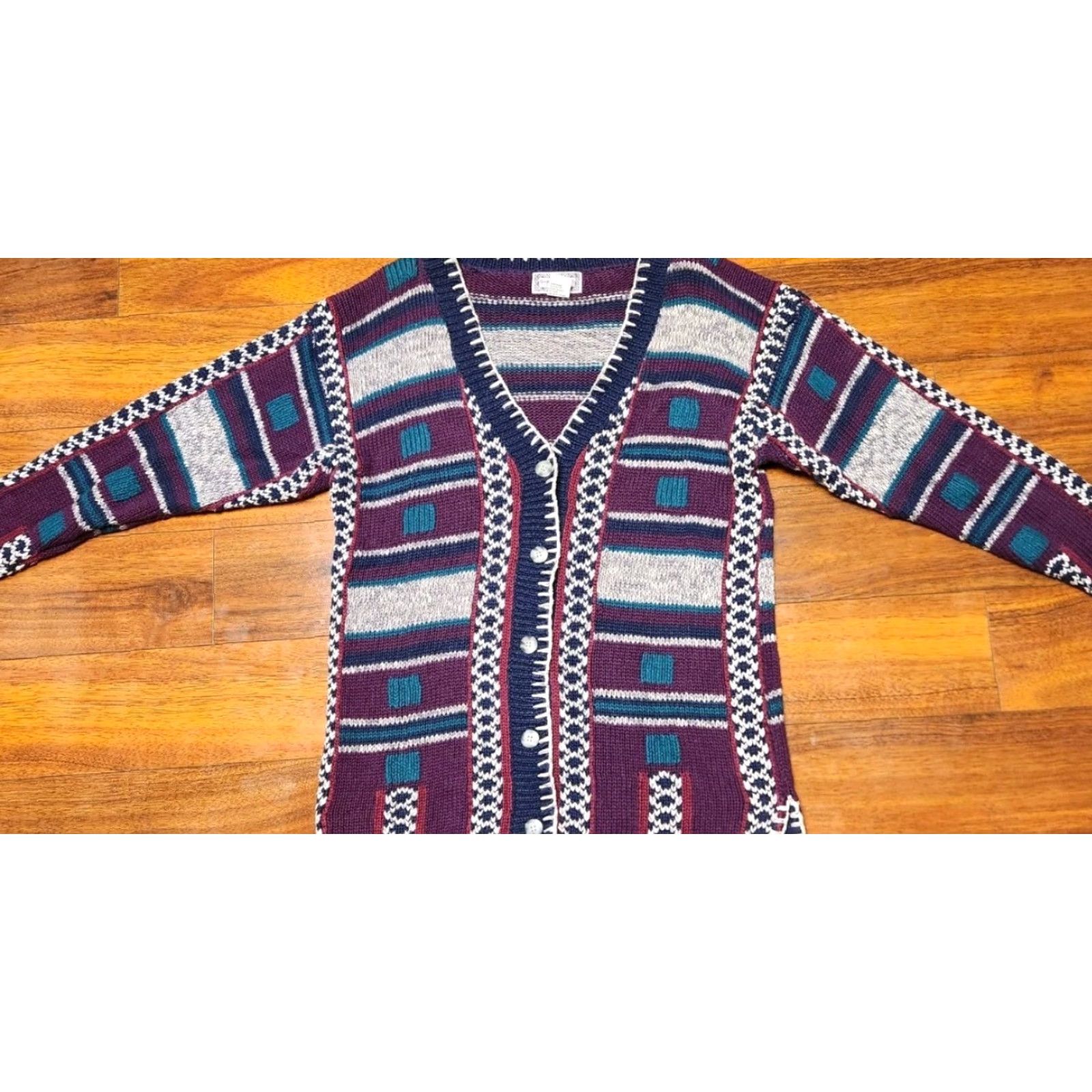 Vintage VINTAGE Gina Peters Knit Cardigan Sweater Women's S Small Geometric Southwest Purple 90s Designer Womens Cardigan Size S / US 4 / IT 40 - 6 Thumbnail