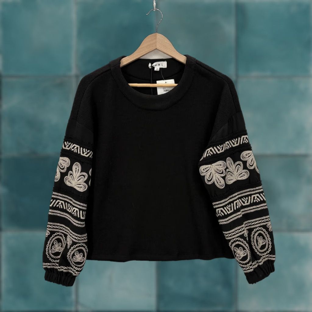 Vintage THML Blouse Womens XS Black Rib Knit Embroidered Balloon Sleeve Boho Paisley Top Size XS / US 0-2 / IT 36-38 - 1 Thumbnail