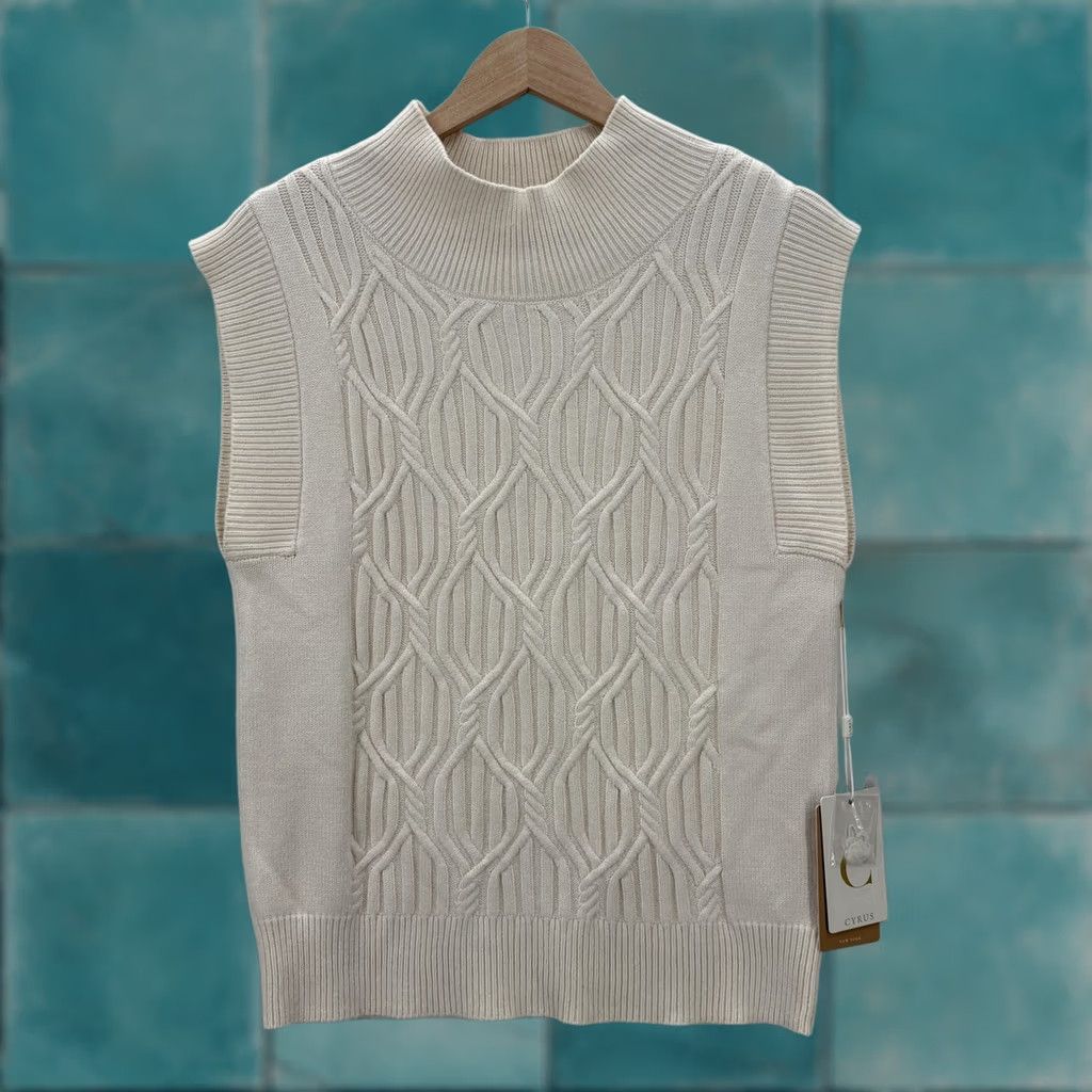 Vintage Cyrus Sweater Vest Womens Small Beige Mock Neck Cable Knit Sleeveless Cozy NWT Size S / US 4 / IT 40 - 1 Thumbnail