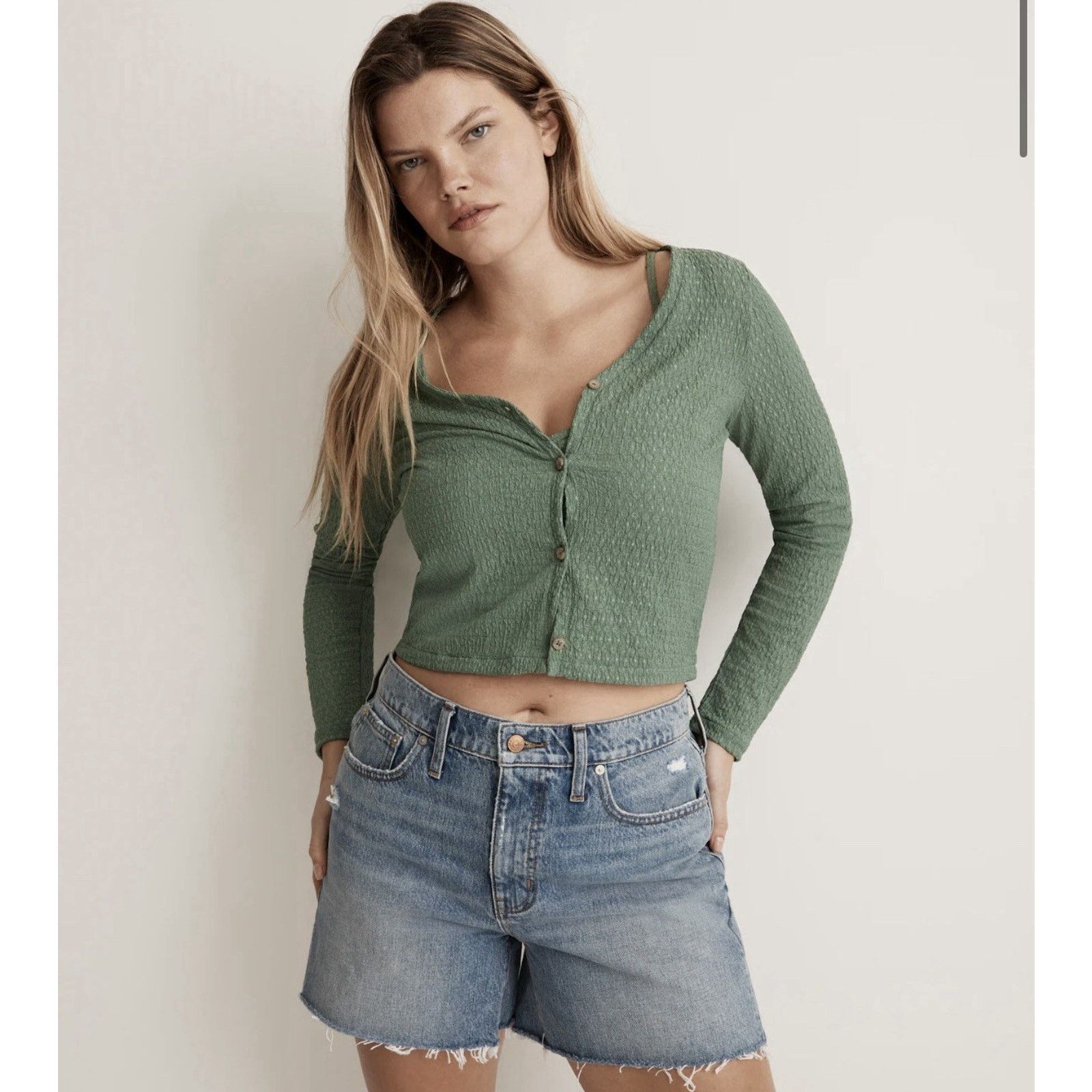 Madewell Madewell Large Crinkled Cardigan Button Up V Neck Green Size L / US 10 / IT 46 - 1 Thumbnail