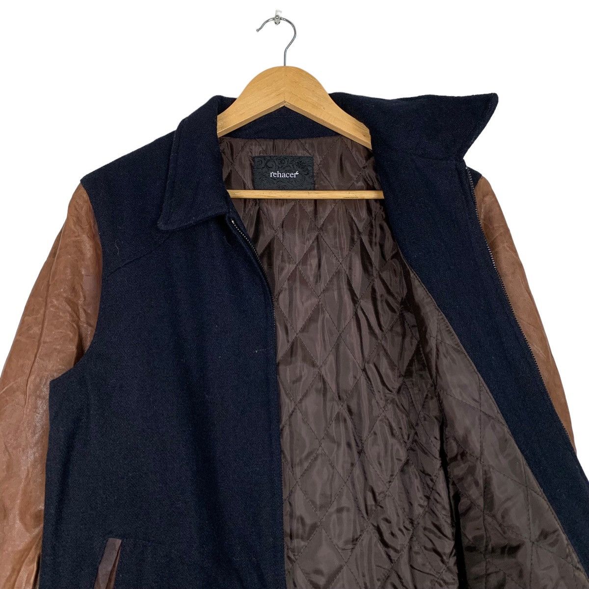 Japanese Brand REHACER Sheepskin Sleeve Navy Wool Bomber Jacket #1031-C46 Size US M / EU 48-50 / 2 - 10 Thumbnail