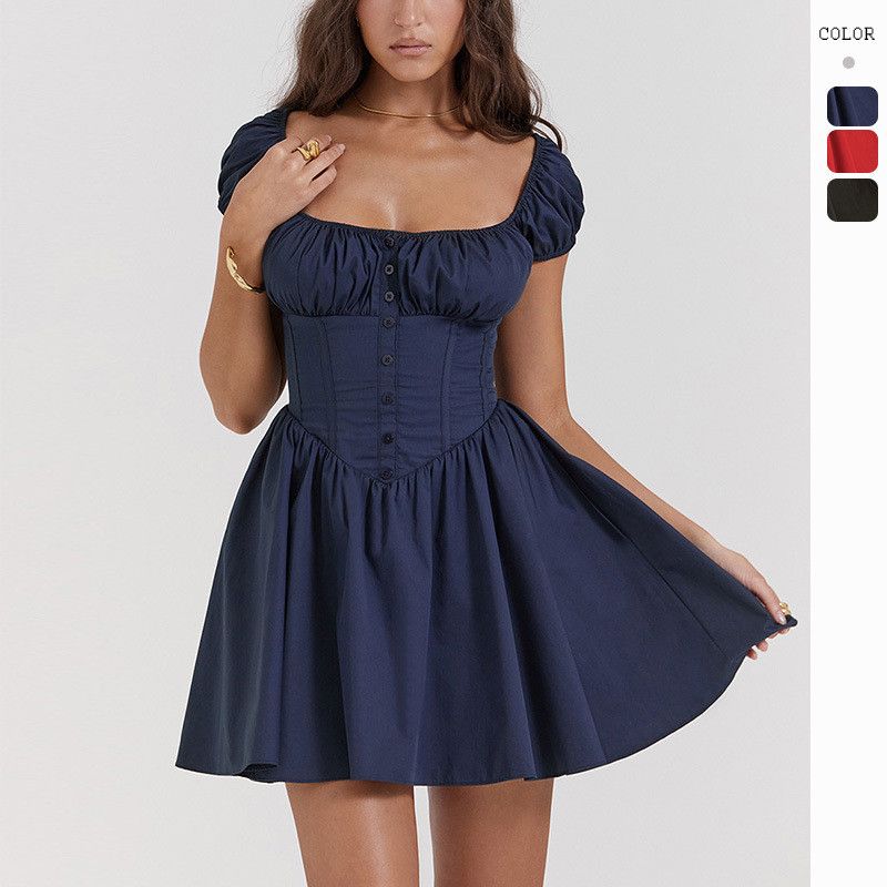 image of Vintage Spice Girl Bubble Sleeve Square Collar Dress in Navy Blue, Women's (Size Medium)