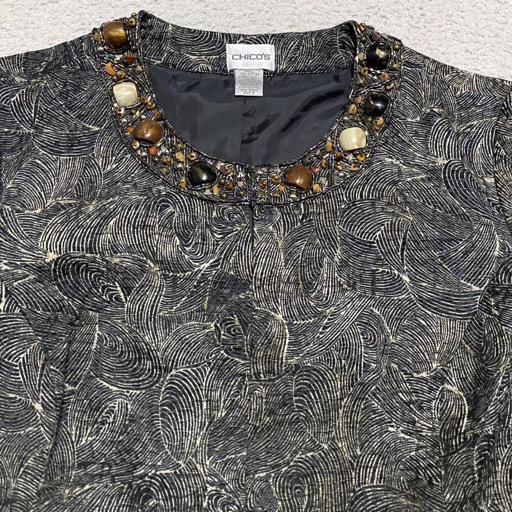 Vintage Chico's Blazer Shirt Womens Large Black Silk Blend Geometric Beaded Embellished Size L / US 10 / IT 46 - 6 Thumbnail
