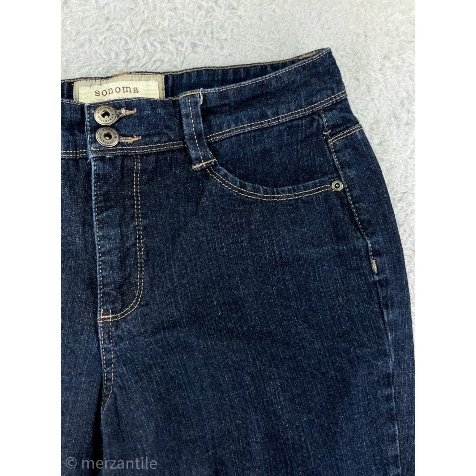 Vintage Sonoma Womens Jeans Flared 10 Blue Denim 90s Dark Wash Cotton Blend Stretch Girls Size 32" / US 10 / IT 46 - 4 Thumbnail
