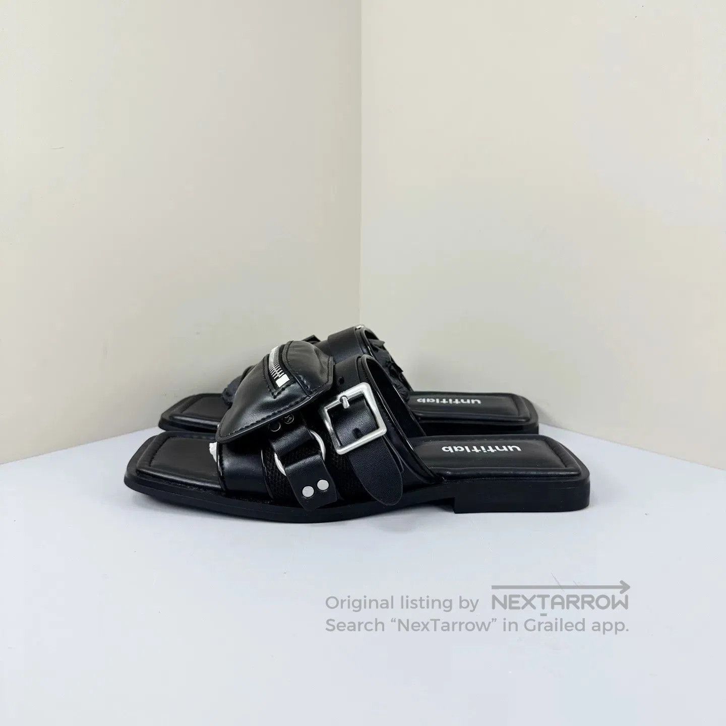 untitlab Untitlab Black Strappy Leather Square-Toe Slippers. Size US 7 / IT 37 - 2 Thumbnail