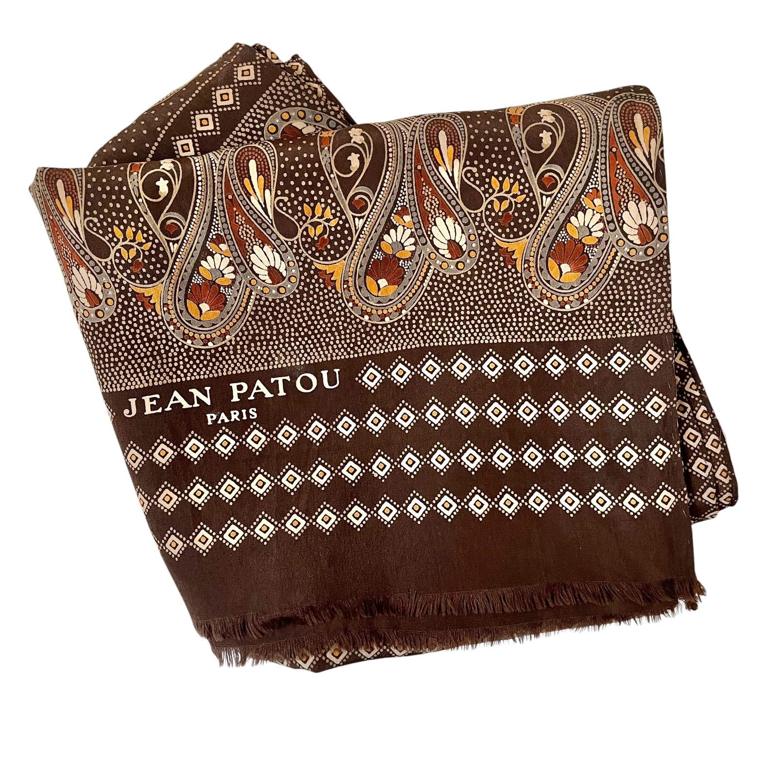 Patou × Vintage Jean Patou Vintage Earth-Tone Paisley Fringe Silk Scarf Size ONE SIZE - 7 Thumbnail