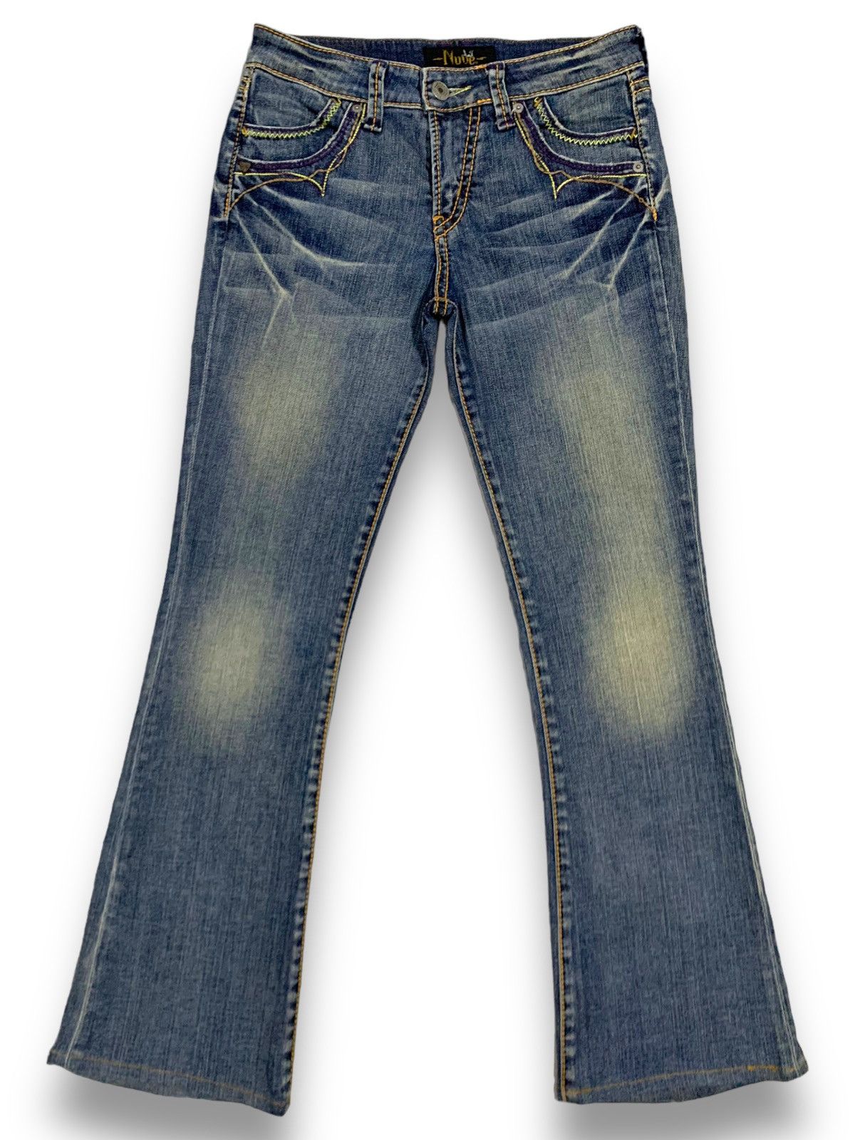 image of Distressed Denim x Hysteric Glamour Vintage Wash Bad Girl Style Flare Denim Jeans in Blue, Women's 