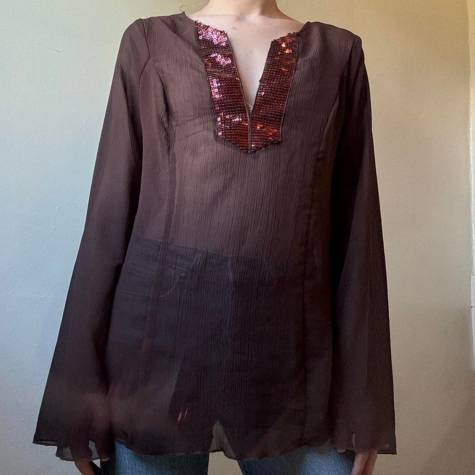 Vintage Vintage Soulmates Sheer Brown Sequined Blouse Small Size S / US 4 / IT 40 - 1 Thumbnail
