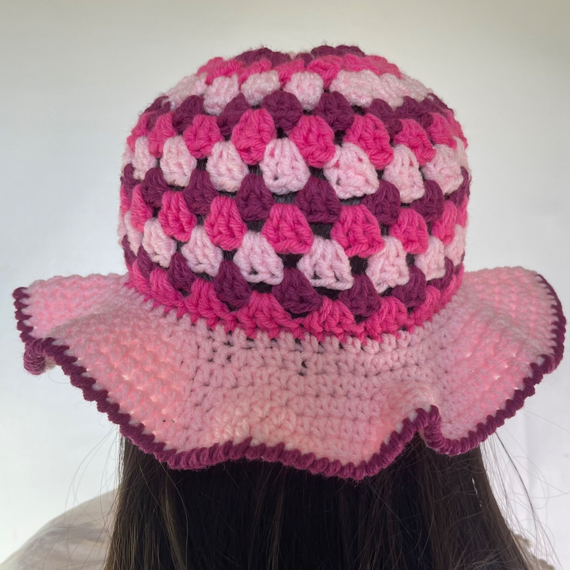 Handmade Crochet Bucket Hat Granny Square Pattern Pink Burgundy Adult Size ONE SIZE - 4 Thumbnail