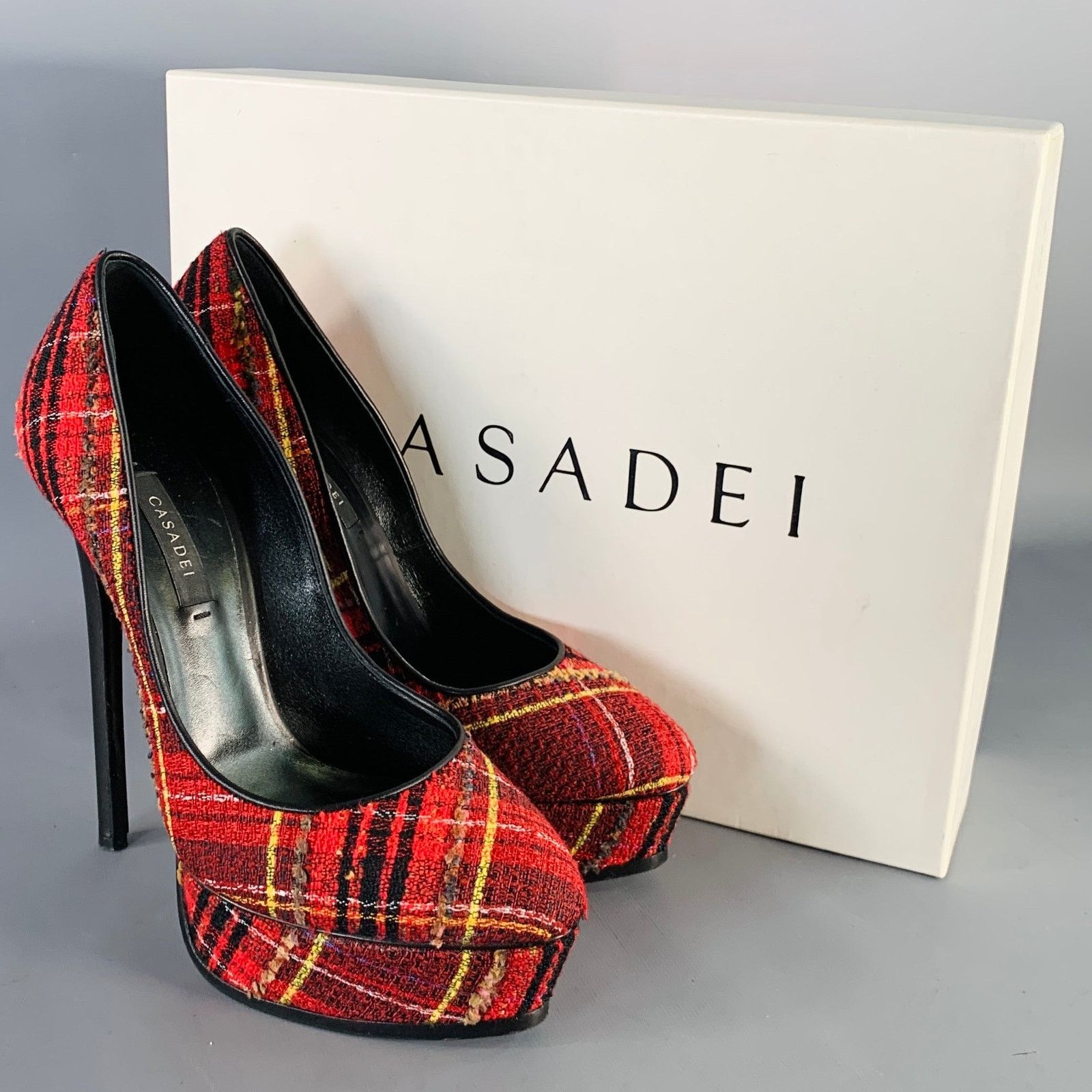 Casadei CASADEI Black Yellow Tweed Plaid Leather Trim Platform Pumps Size US 9 / IT 39 - 8 Thumbnail