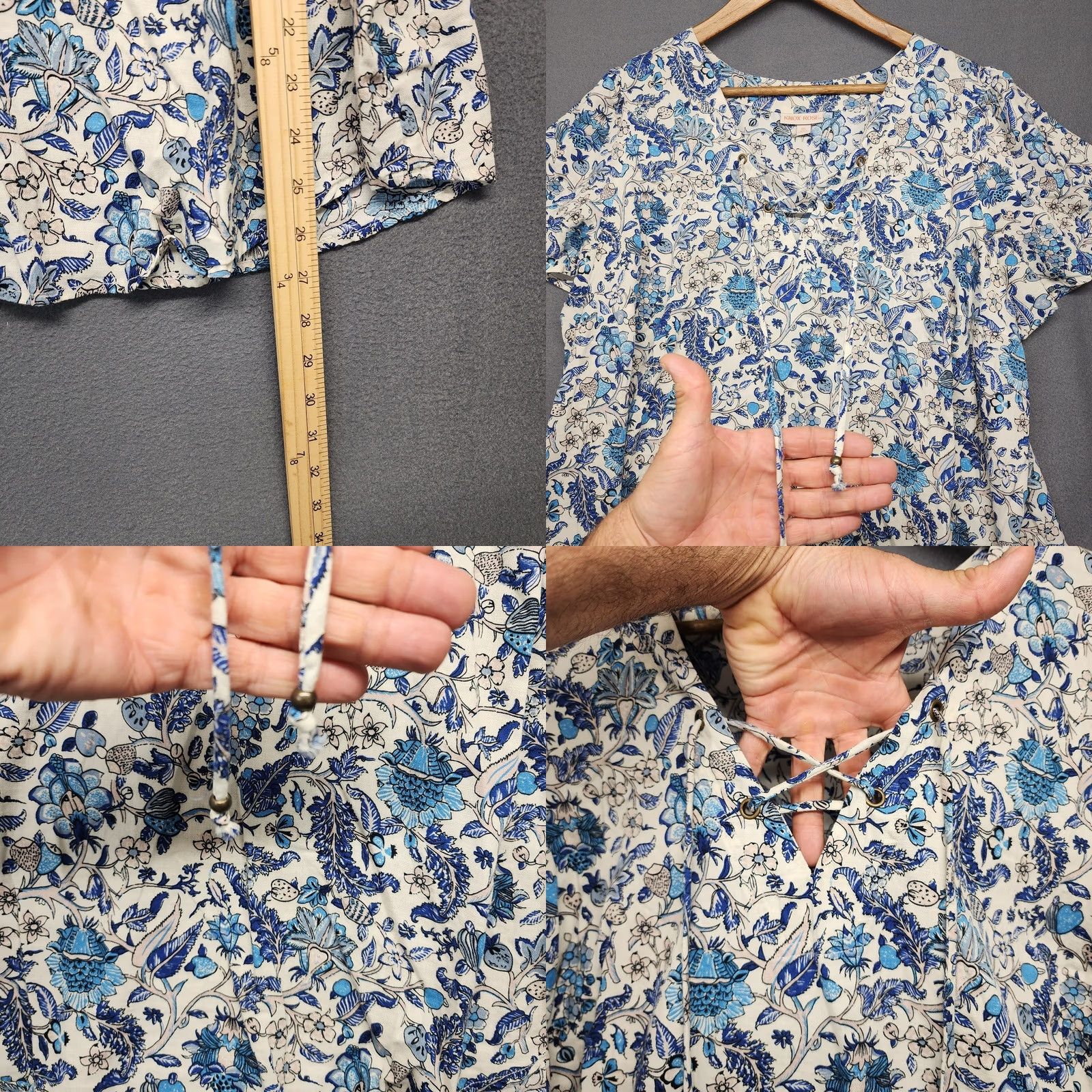 Vintage Knox Rose Shirt Womens 2XL Blue White Floral Lace Up Tie Neck Short Sleeve Blouse Size XXL / US 16-18 / IT 52-54 - 8 Thumbnail