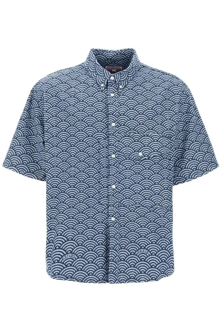 image of Kenzo O1S22I1N0324 Short-Sleeved Denim Shirt In Blue/light Blue, Men's (Size Medium)