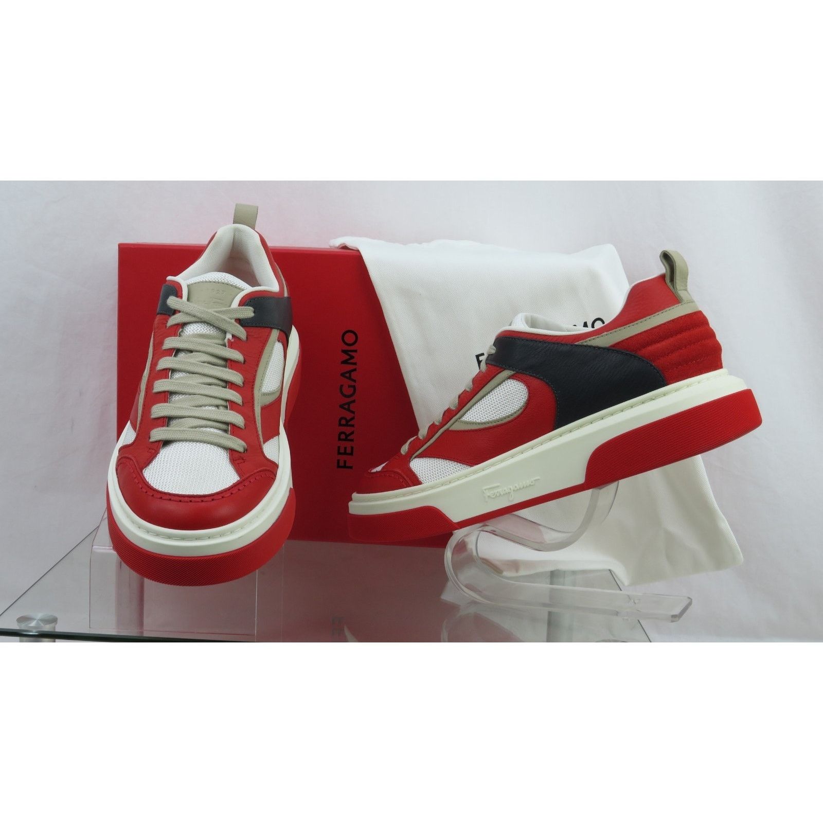 Salvatore Ferragamo FERRAGAMO CASSINA RED BLACK LEATHER LOGO LACE SNEAKERS 9 ITA Size US 10 / EU 43 - 3 Thumbnail