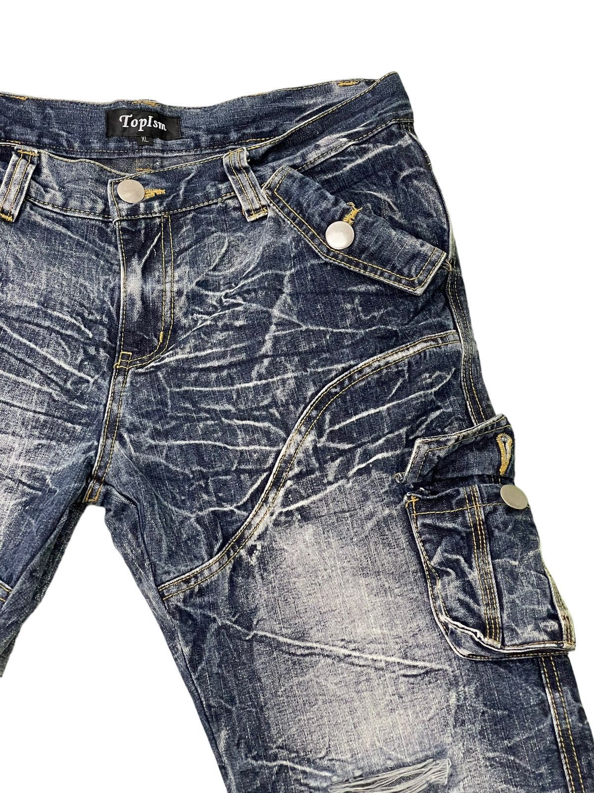 Japanese Brand Flare Jeans Cargo Topism Distress Acid Wash Boot Cut 7🟦4 Size US 33 - 9 Thumbnail