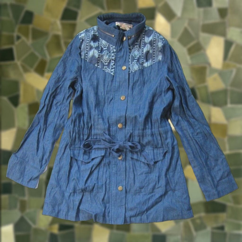 Vintage Flying Tomato 100% Cotton Tribal Blue Denim High Neck Long Zip Jacket Women S Size S / US 4 / IT 40 - 1 Thumbnail
