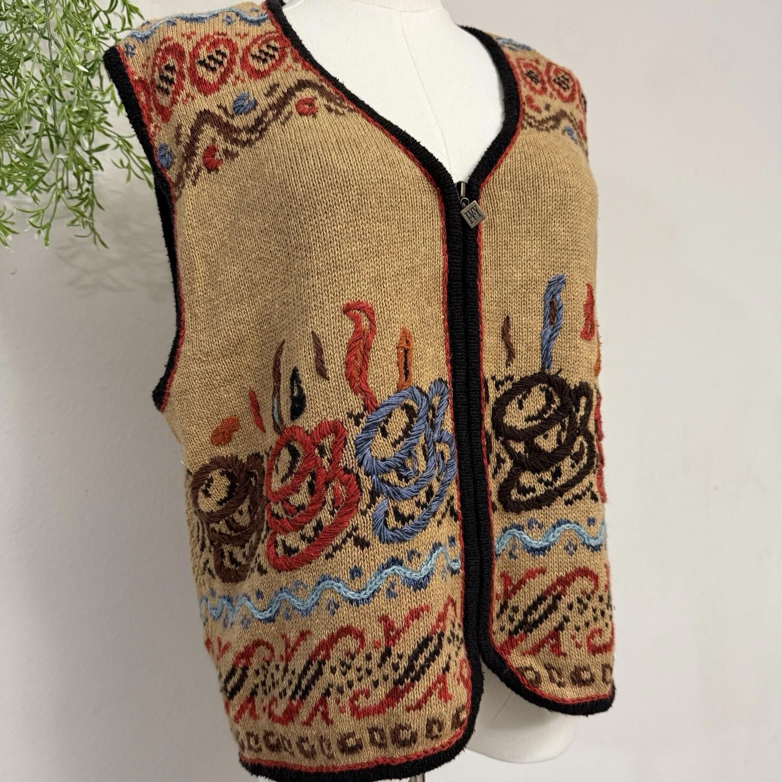 Designer Vintage Embroidered Coffee Vest Zip Up Womens XL Size XL / US 12-14 / IT 48-50 - 2 Thumbnail