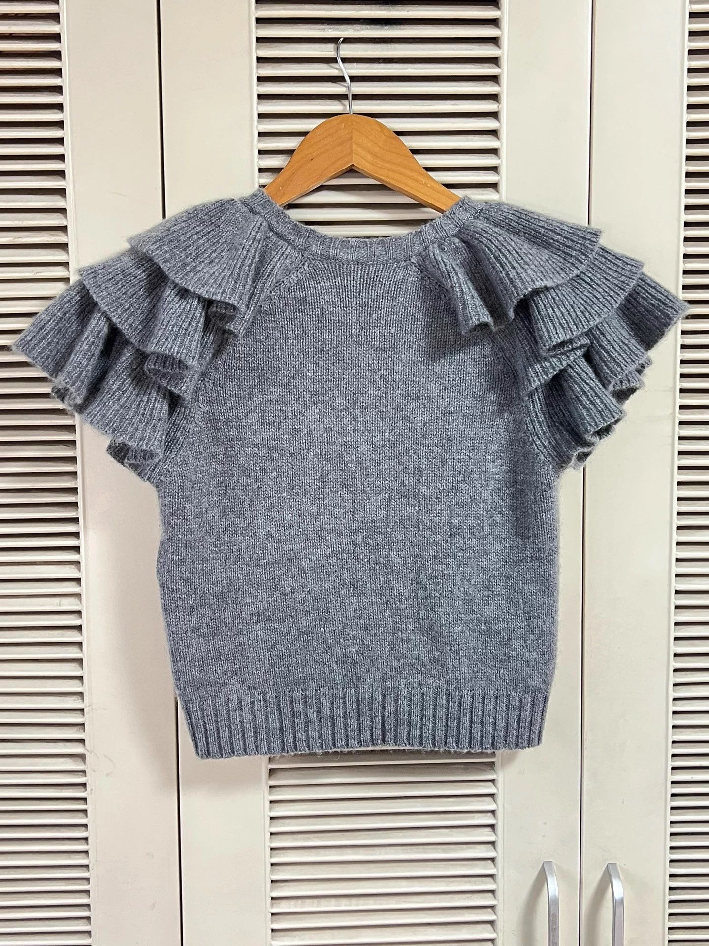 Dior Dior Gray Cashmere Short-Sleeve Ruffled Star Logo Knit 34 Size XS / US 0-2 / IT 36-38 - 2 Thumbnail