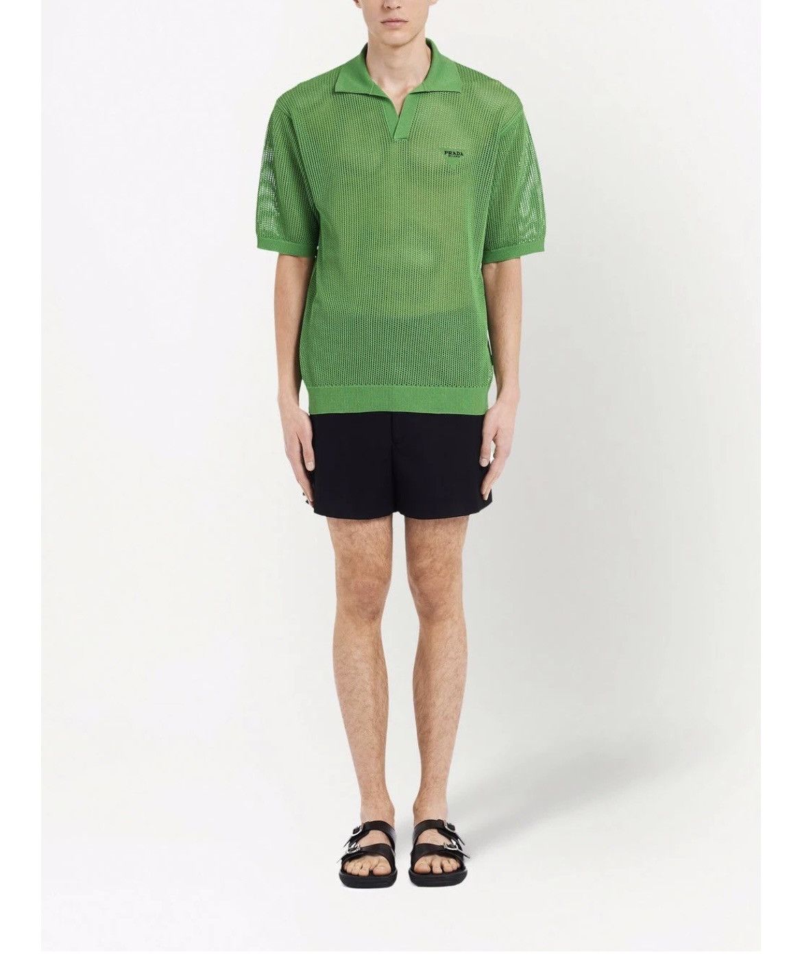 image of Prada Open-Knit Polo Shirt Size 56 in Green, Men's