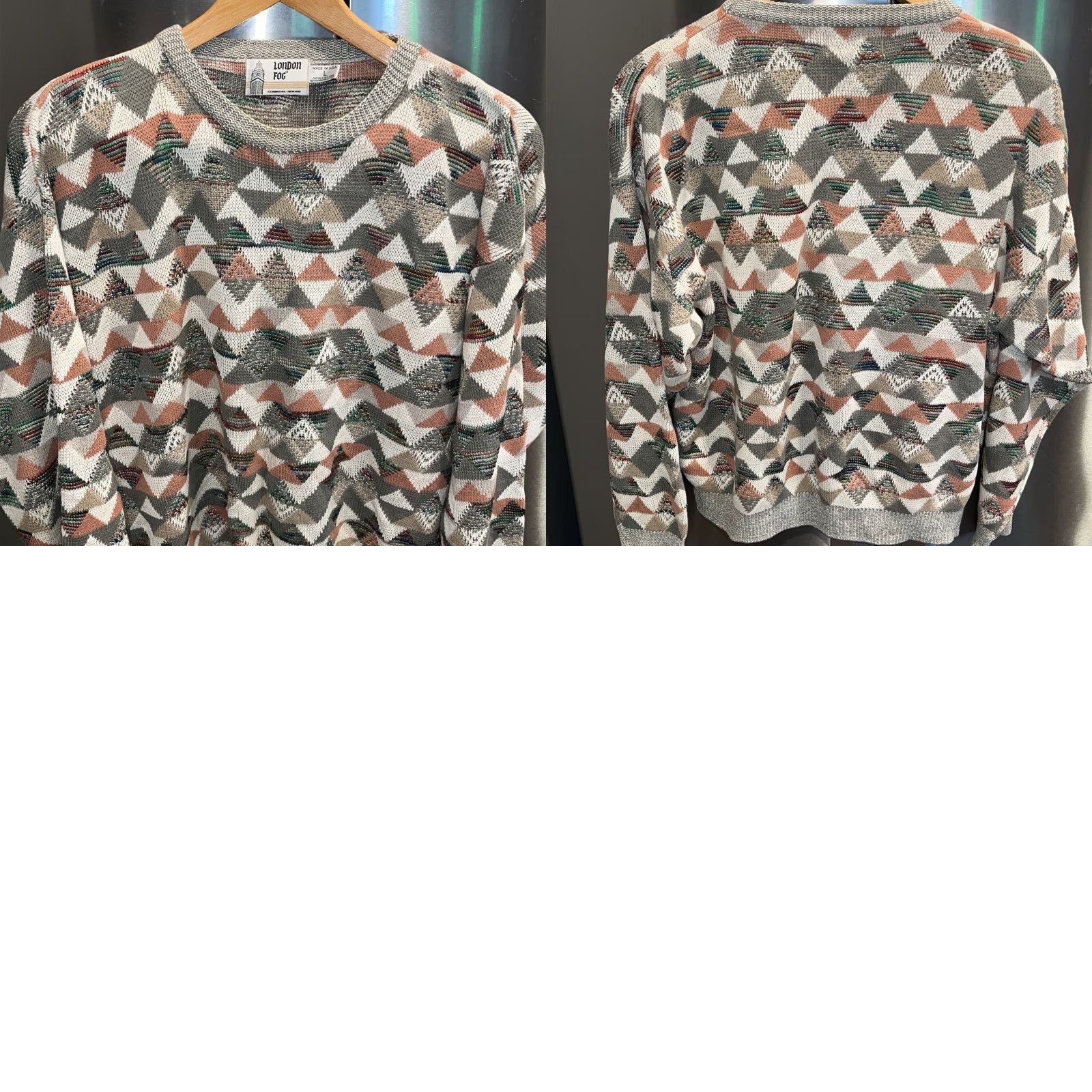 London Fog VINTAGE London Fog Sweater Geometric 90s Gray Beige Tan Triangles Knit L Mens Size US L / EU 52-54 / 3 - 9 Thumbnail