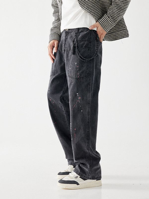 Japanese Brand Men's street splatter paint workwear patchwork black jeans Size US 32 / EU 48 - 2 Thumbnail