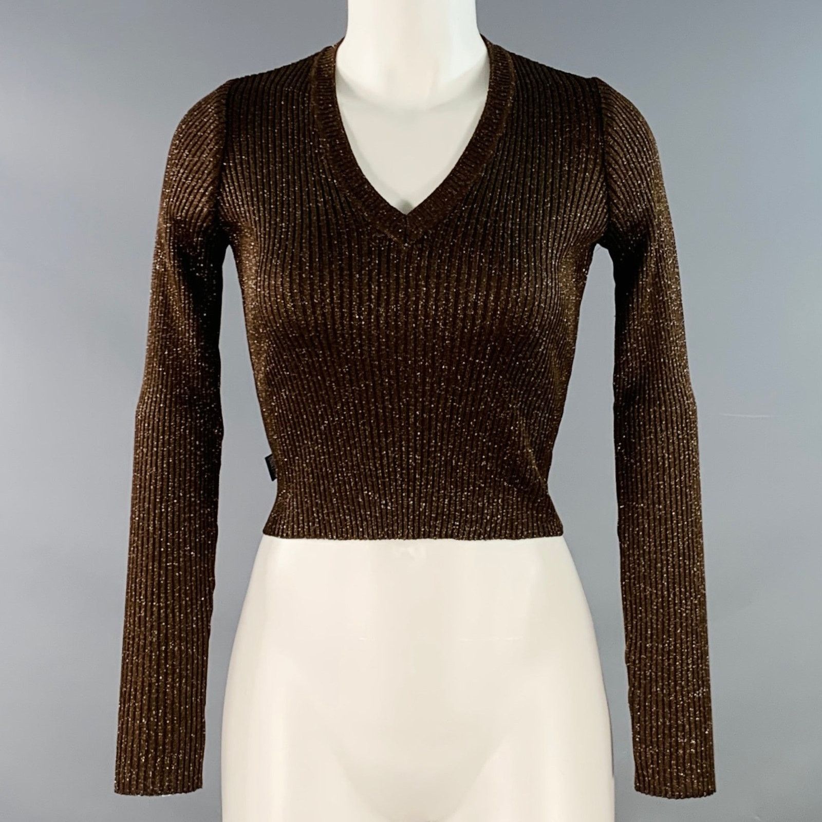 Moschino 6 Brown Gold Acetate Blend Rib Knit V-Neck Pullover Size M / US 6-8 / IT 42-44 - 1 Thumbnail