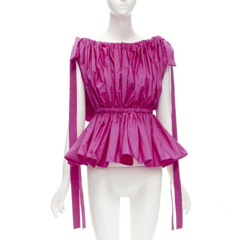 Alexander McQueen ALEXANDER MCQUEEN 2021 fuschia pink crinkled bow tie shoulder peplum top IT38 XS Size XS / US 0-2 / IT 36-38 - 1 Thumbnail