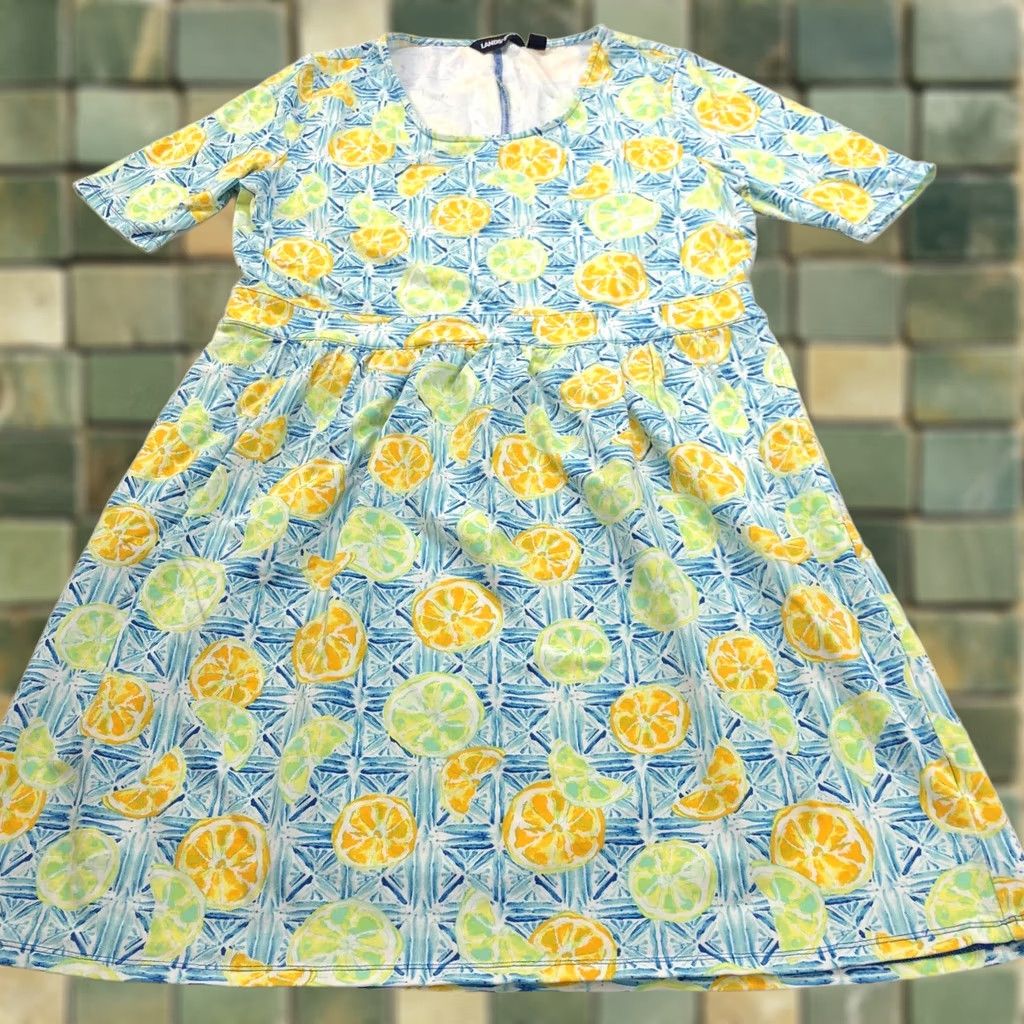 Lands' End Lands' End Large Women's Fit & Flare Dress Lemons Blue Yellow Sleeveless Pullover Scoop Neck Casual Knee Length Multicolor Pattern Size L / US 10 / IT 46 - 1 Thumbnail
