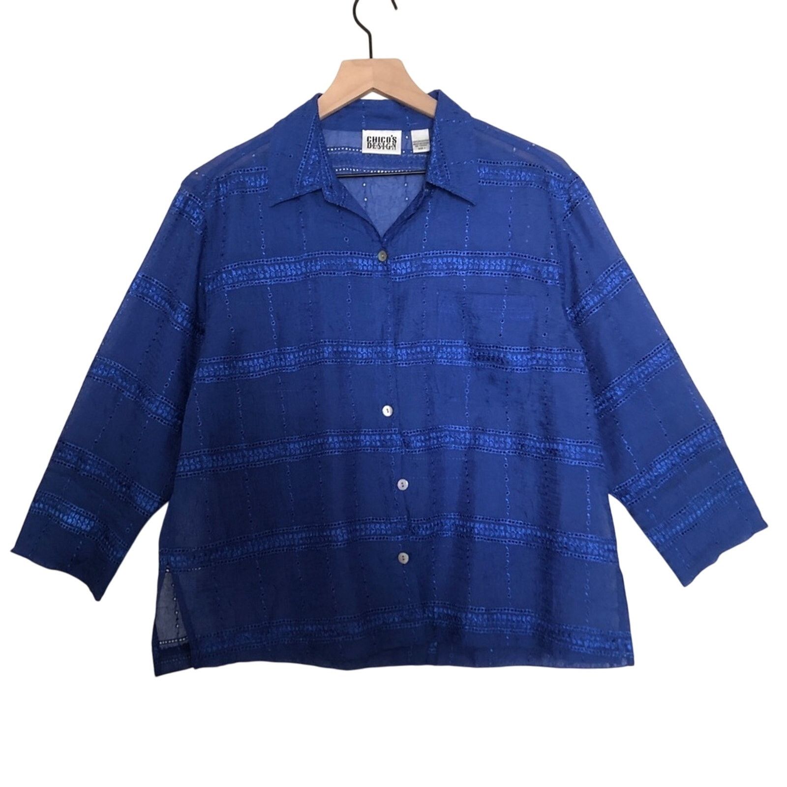 Chicos Chico's Design Royal Blue Embroider Collard Shirt Blouse Top Size M / US 6-8 / IT 42-44 - 1 Thumbnail