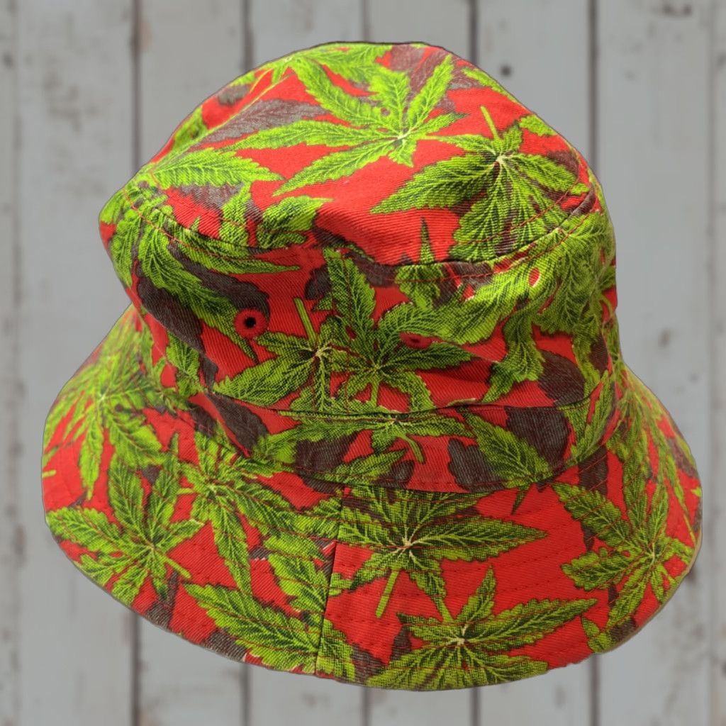 Vintage VINTAGE Top Level BUCKET Hat Unisex Adults One Size Cotton Canvas Marijuana Leaf Red Green Beach Casual 4/20 Size ONE SIZE - 1 Thumbnail