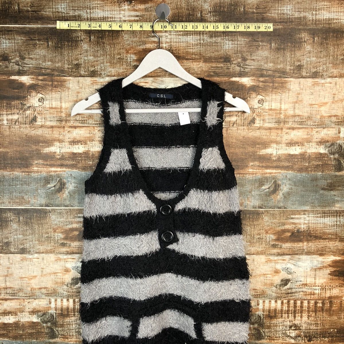 Japanese Brand CSL Stripe Grey fur mohair Black Vest Knitwear #A1609 Size L / US 10 / IT 46 - 2 Thumbnail