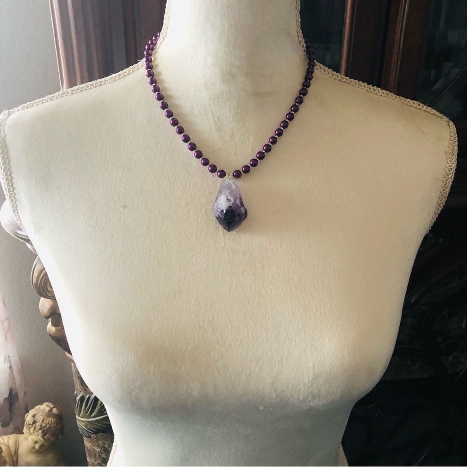 Handmade Handcrafted repurpose genuine amethyst slab Pearl necklace Size ONE SIZE - 6 Thumbnail