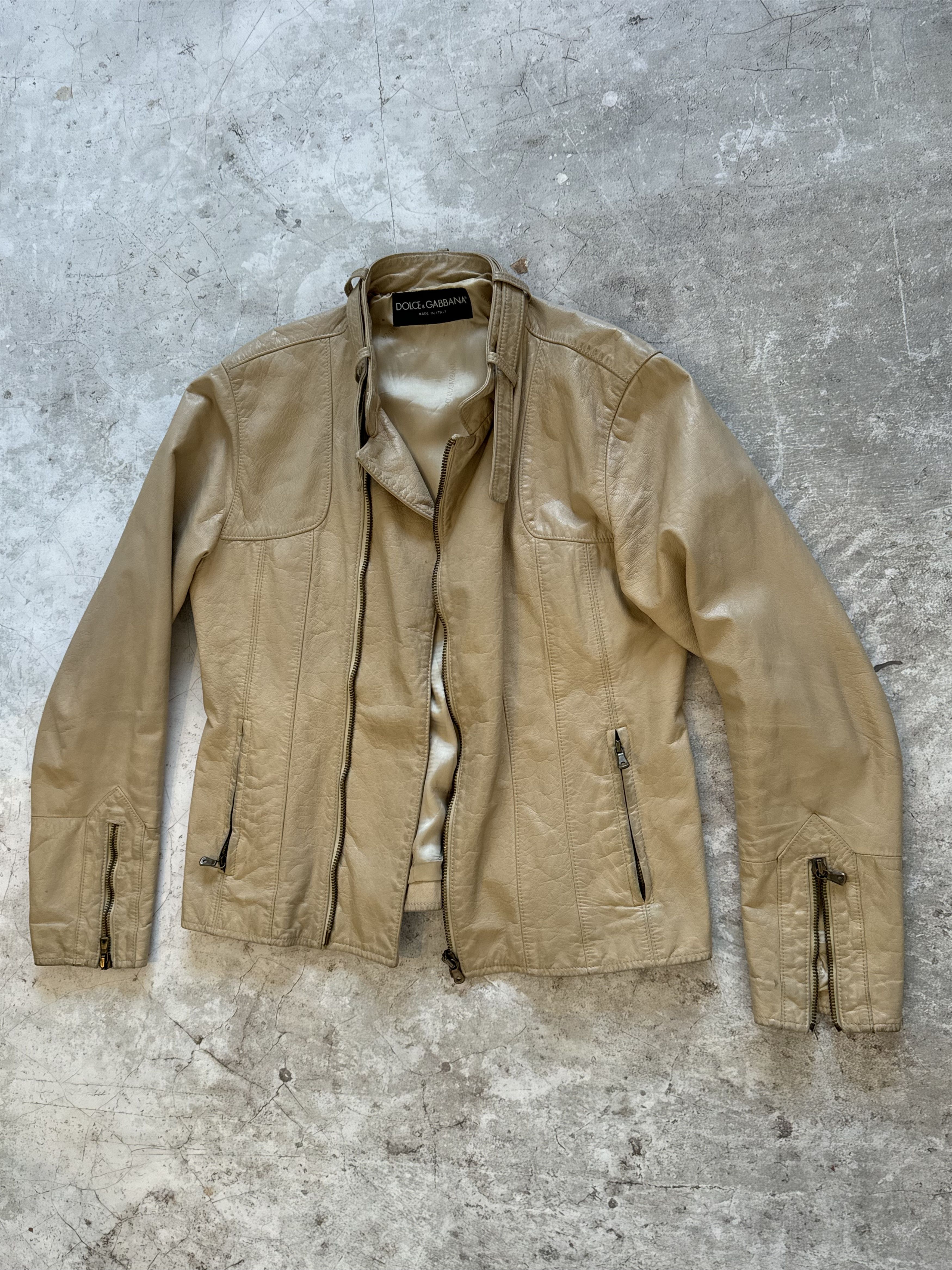 Dolce & Gabbana Dolce & Gabbana Rare Goatskin Leather Moto Jacket Beige Size US L / EU 52-54 / 3 - 11 Thumbnail