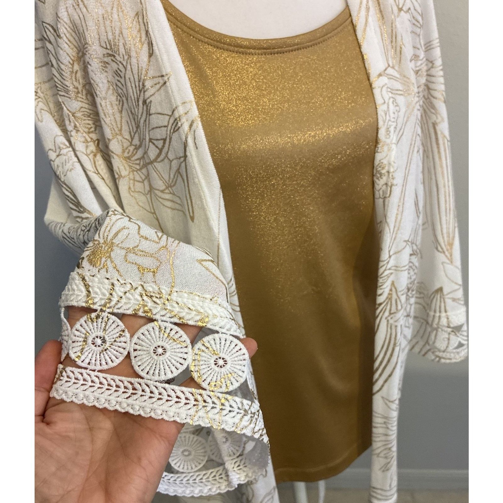 Chicos Chico's 2pc Set White Floral Cardigan Kimono Gold Metallic L Size XL / US 12-14 / IT 48-50 - 3 Thumbnail