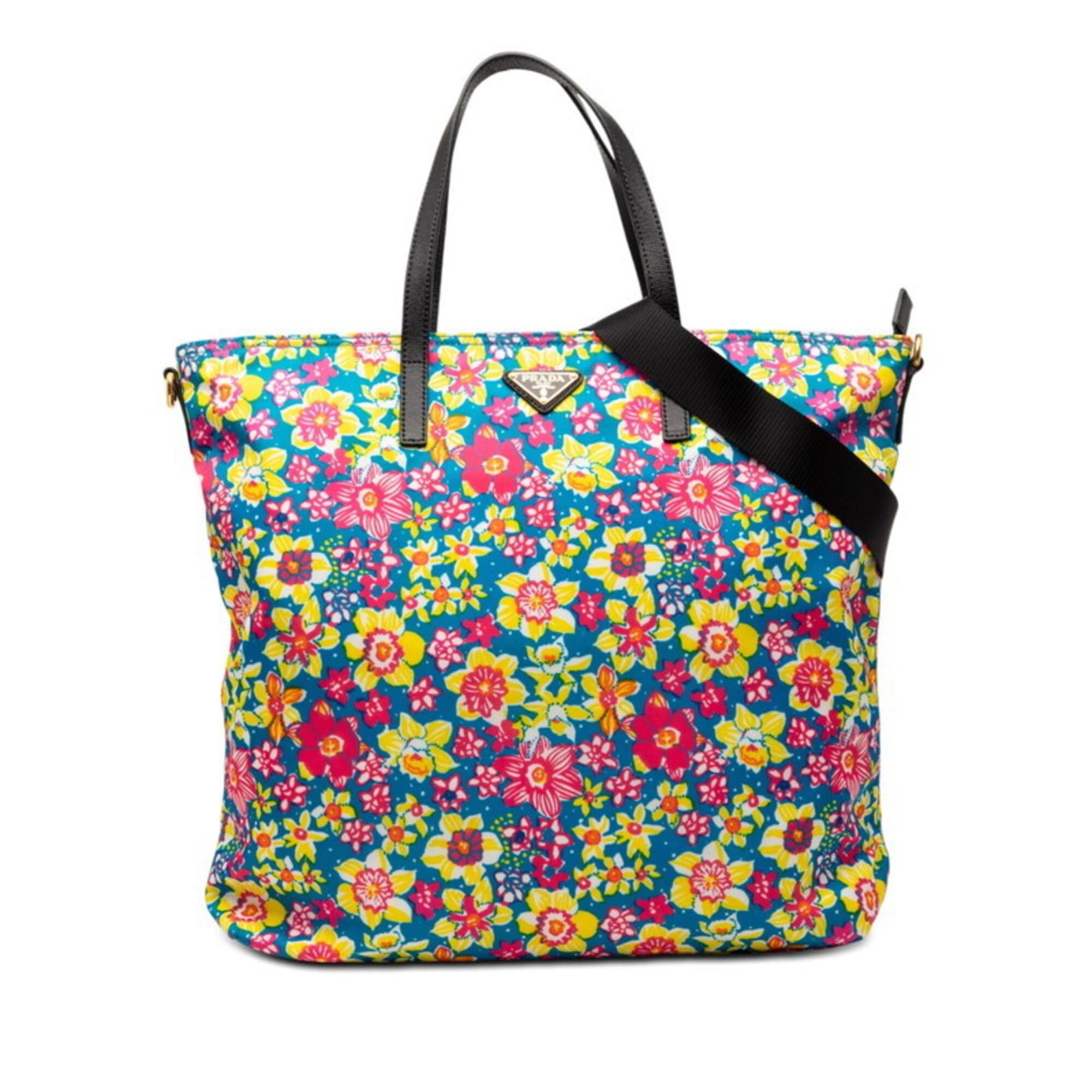 Prada Prada Triangle Logo Plate Floral Tote Bag Shoulder 2WAY B2600F Blue Pink Multicolor Nylon Leather Women's PRADA Size ONE SIZE - 1 Thumbnail