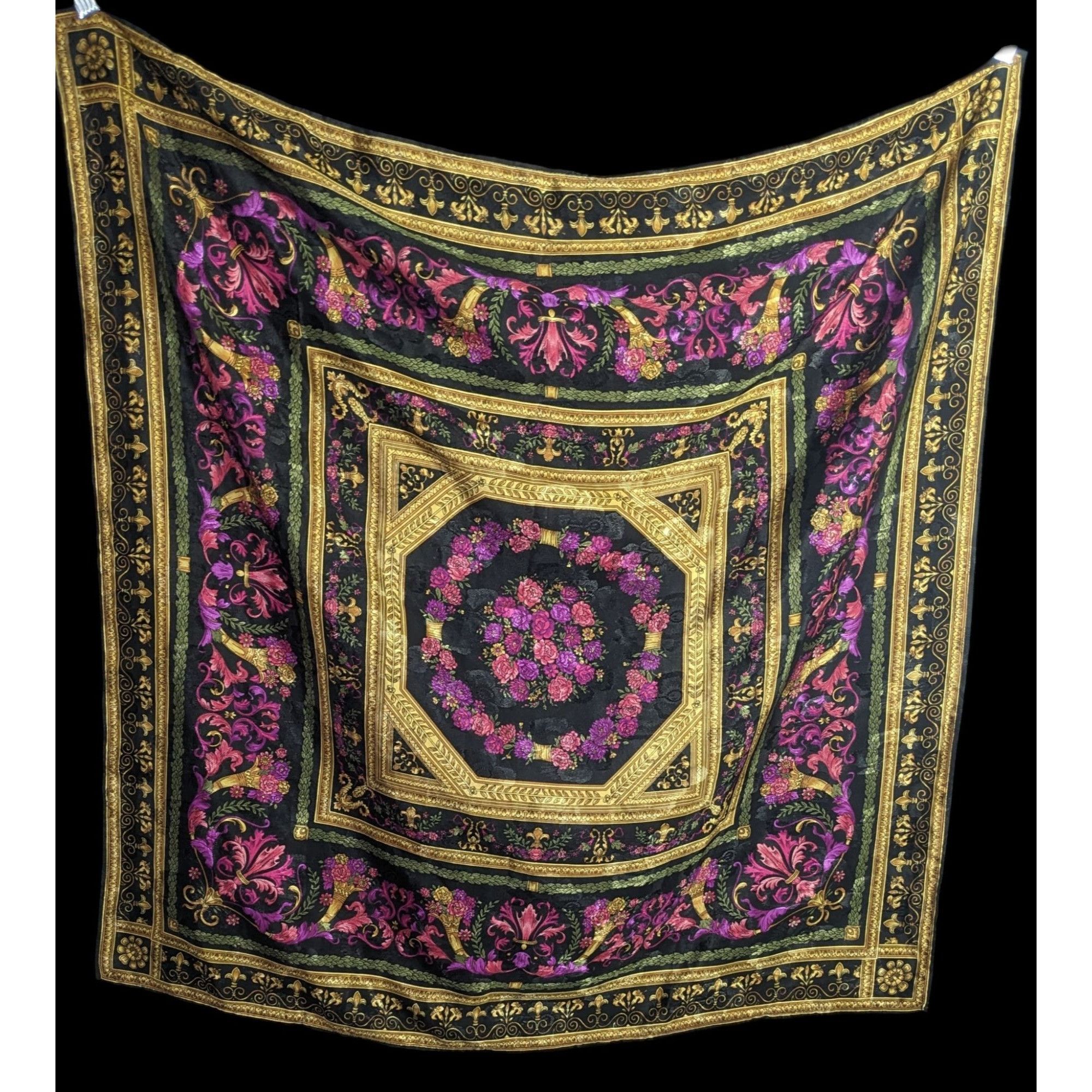 Other Vintage Floral Embossed Scarf 34"x34" Ornate Black Gold Pink Size ONE SIZE - 1 Thumbnail
