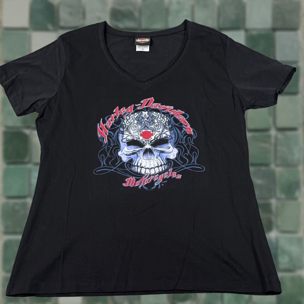 Harley Davidson Harley-Davidson T-Shirt Black V-Neck Short Sleeve Skull Sparkle Myrtle Beach Womens XL Size XL / US 12-14 / IT 48-50 - 1 Thumbnail