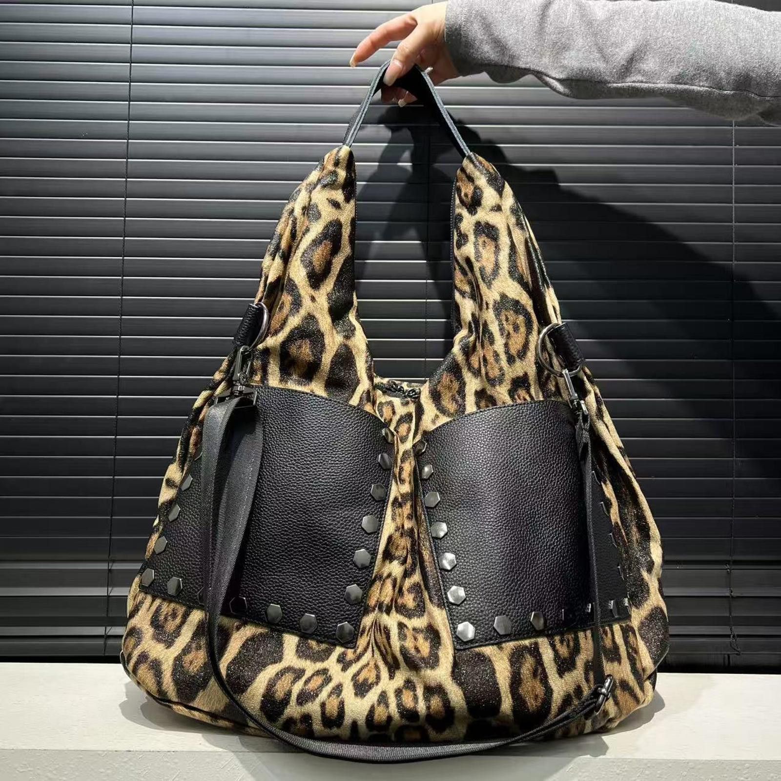 Vintage Leopard Print Large Shoulder Bag with Studded Pockets Size ONE SIZE - 4 Thumbnail