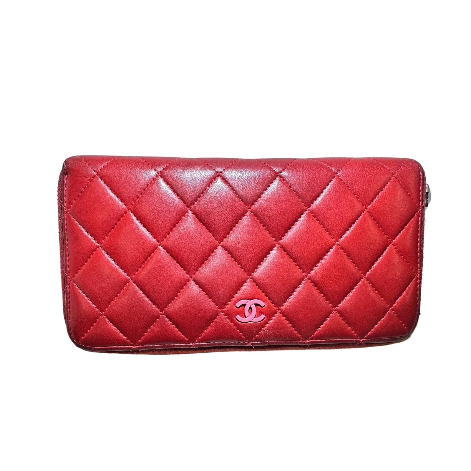 image of Authentic Chanel Red Quilted Lambskin Leather Long Wallet, Women's