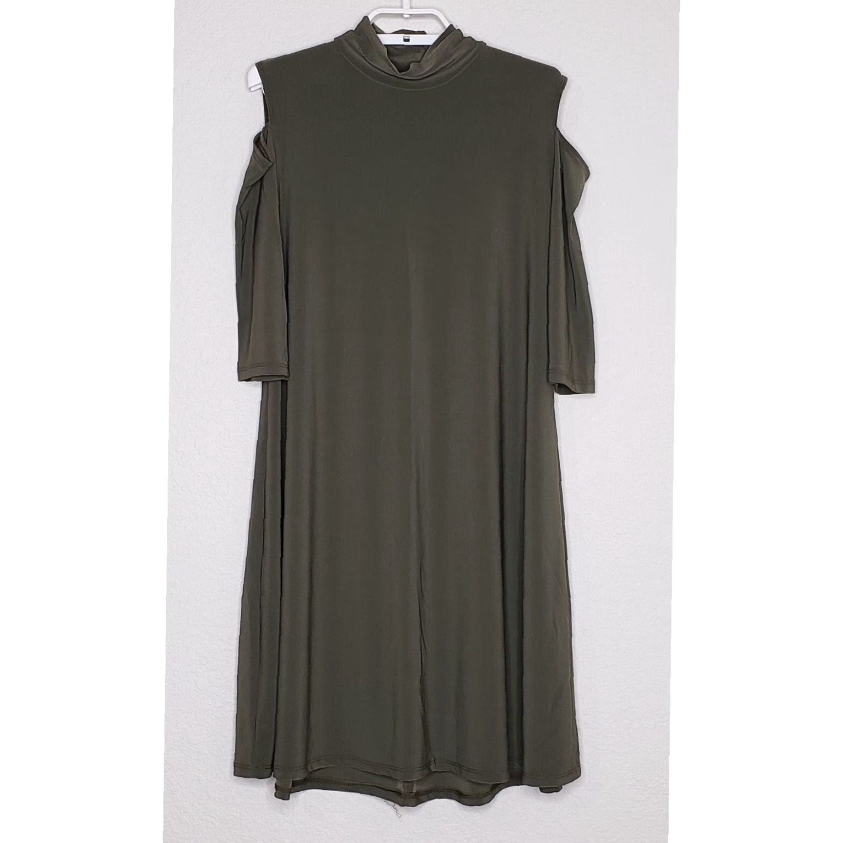 Vintage Clara Sun Woo Swing Dress XS Green 3/4 Cold Shoulder Mock Neck Knee Length Womens Size XS / US 0-2 / IT 36-38 - 2 Thumbnail