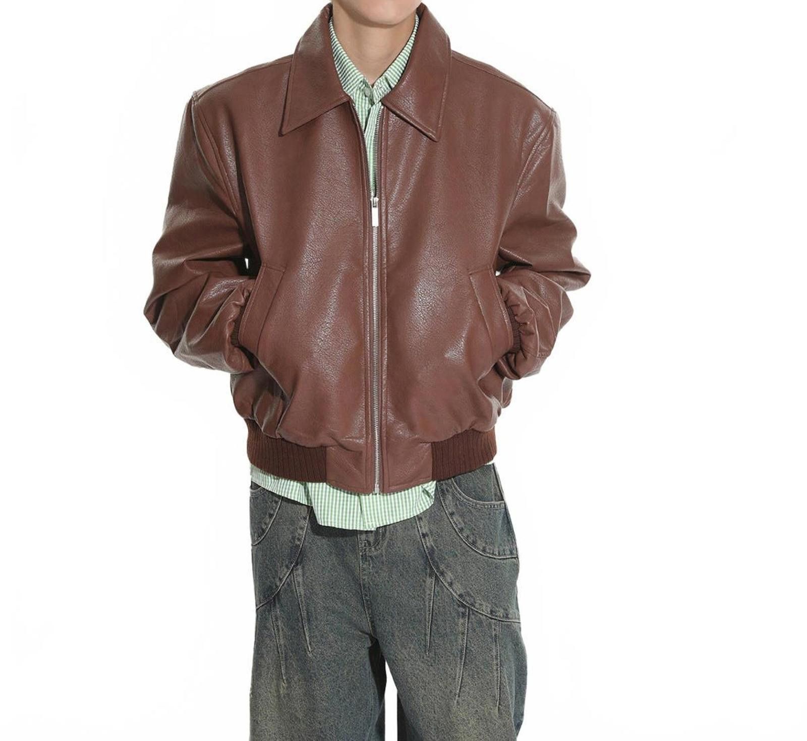 Japanese Brand Brown Faux Leather Bomber Jacket, Relaxed Fit Outerwear Size US M / EU 48-50 / 2 - 2 Thumbnail