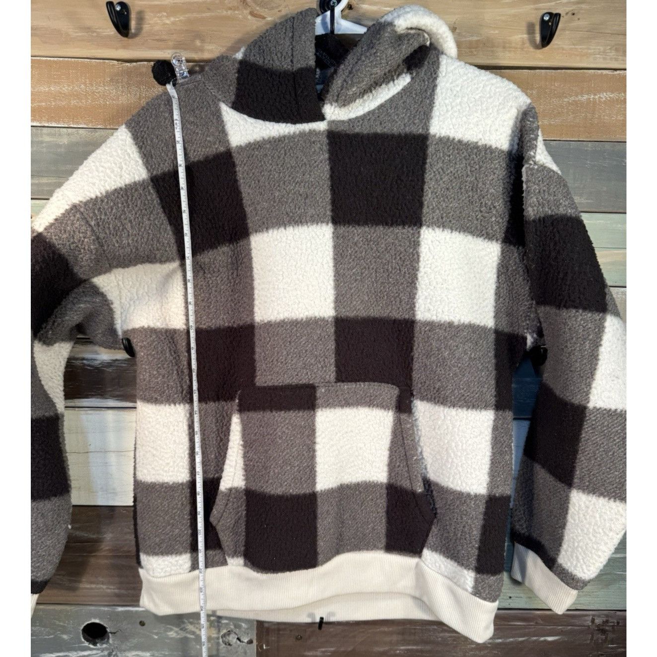 American Eagle Outfitters AMERICAN EAGLE Sherpa Hoodie M Black White Plaid Fleece Cozy Size M / US 6-8 / IT 42-44 - 8 Thumbnail