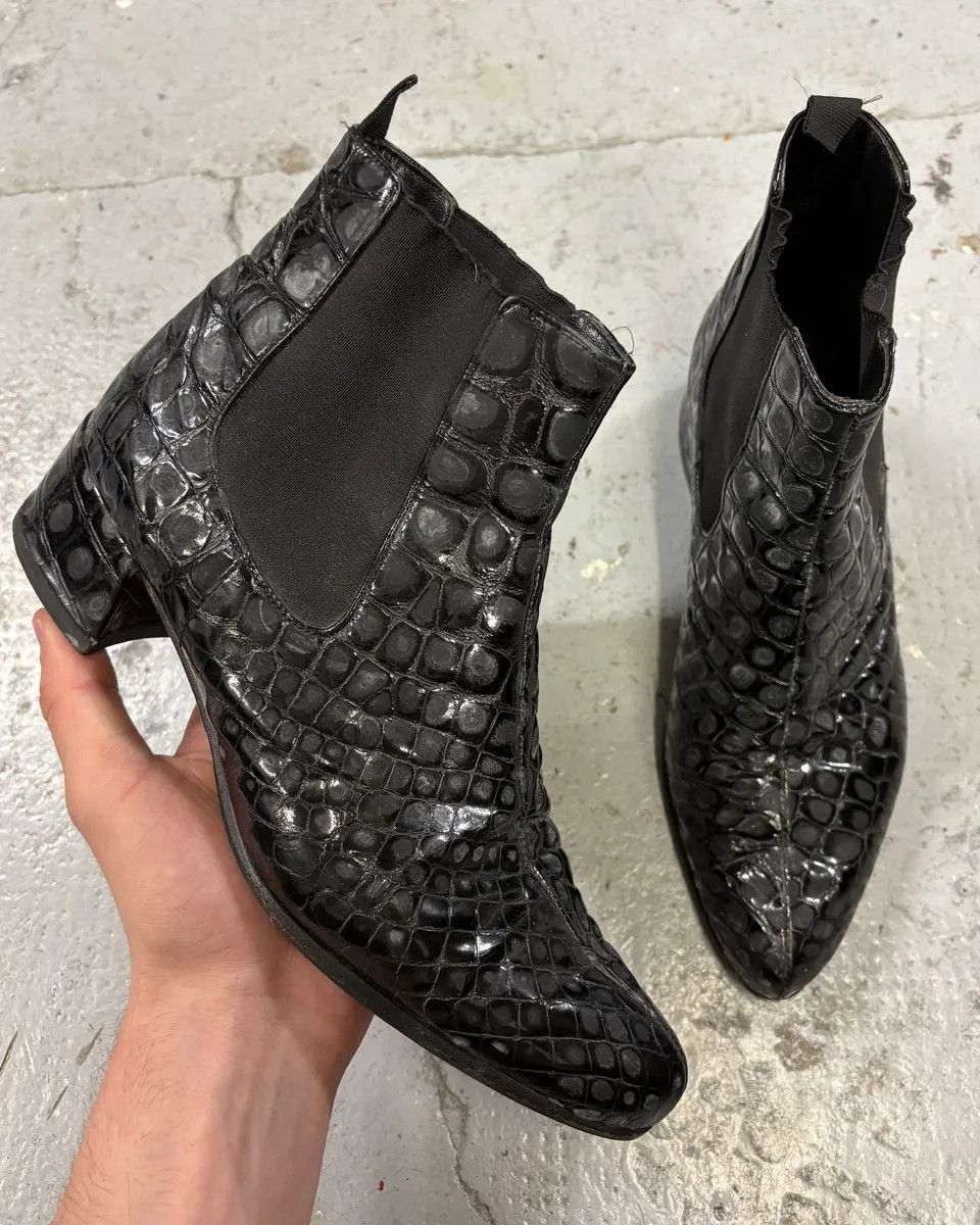 2000s Miu Miu Black Crocodile Embossed Leather Ankle Boots