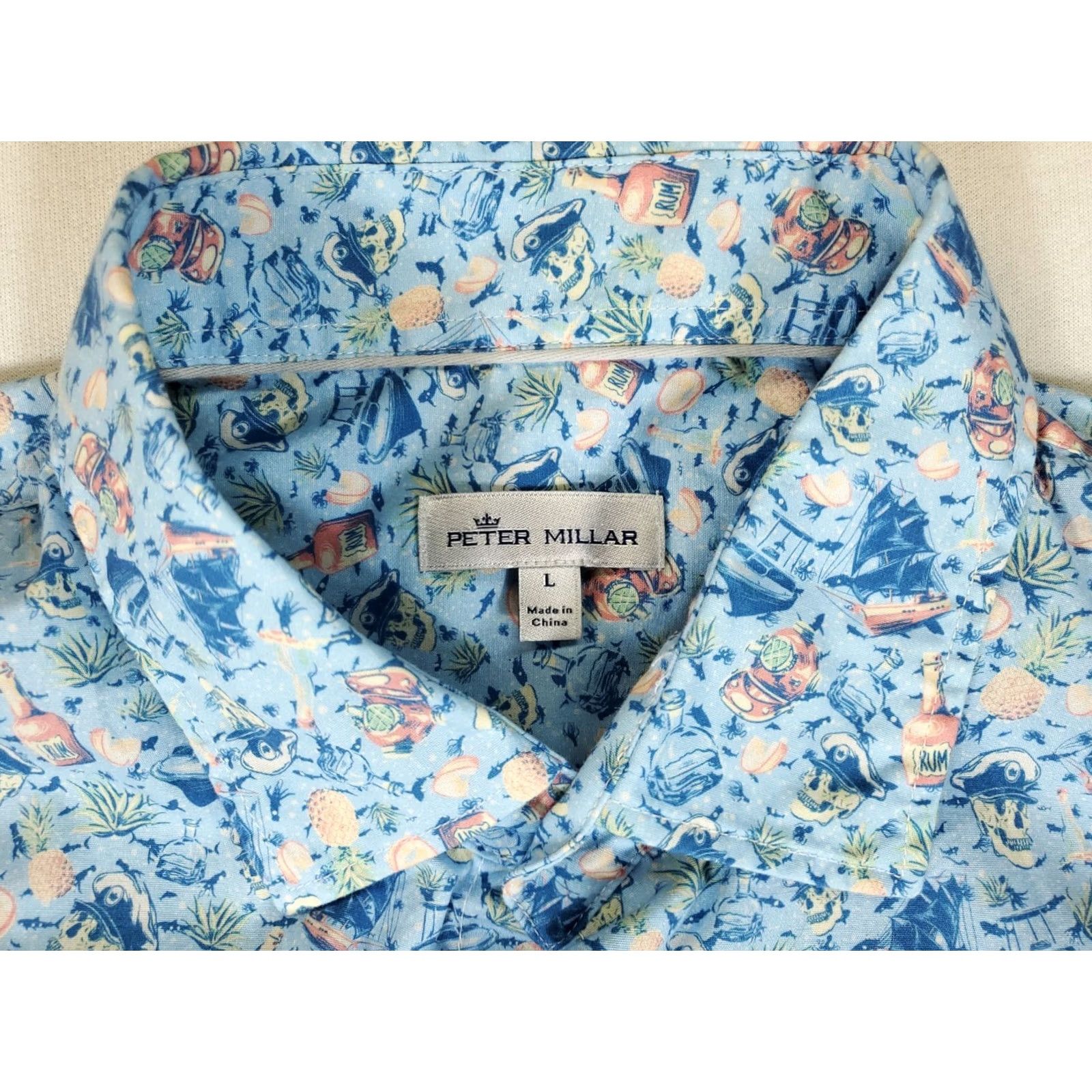 Peter Millar Peter Millar Button-Up Shirt Mens L Short Sleeve Blue Pirate Skull Rum Shirt Size US L / EU 52-54 / 3 - 3 Thumbnail