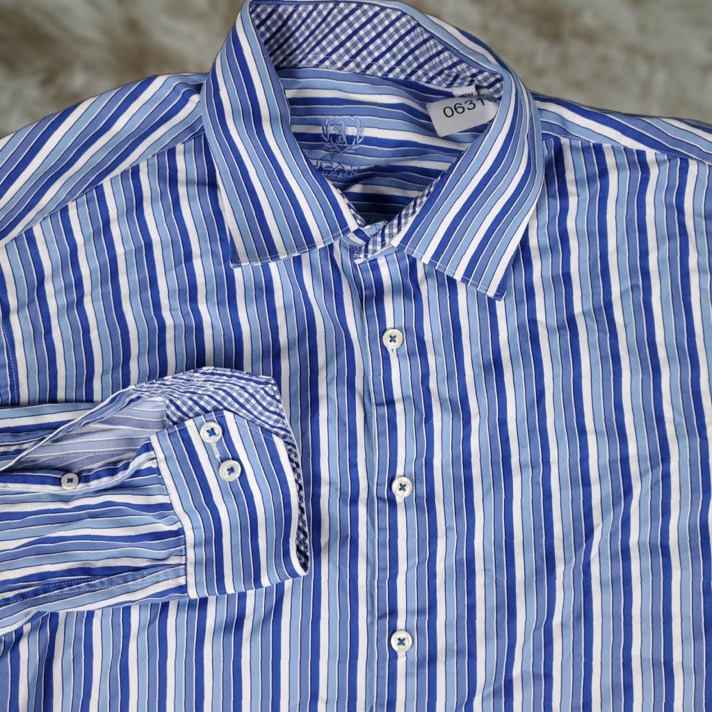 BUGATCHI Bugatchi Uomo Dress Shirt Mens Size 18 Blue Striped Long Sleeve Button Up Classic Casual Modern Size 48R - 1 Thumbnail