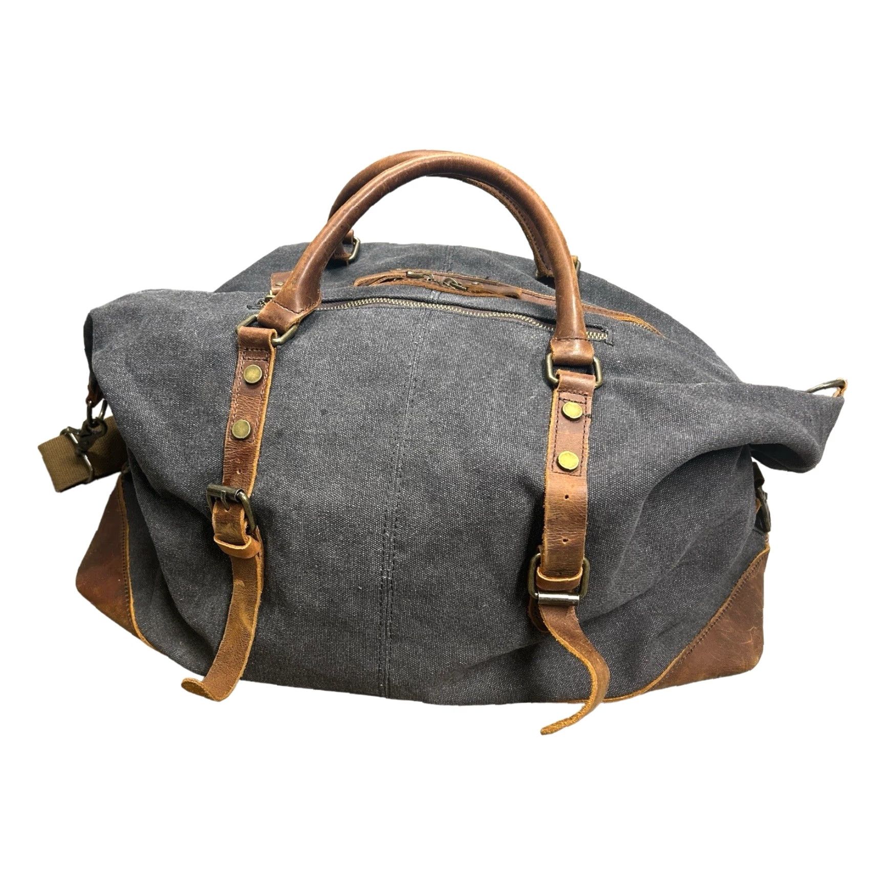Vintage Case Duffle Bag Adult Large Gray/Brown Canvas Leather Trim Travel Suitcase Bag Pockets Zip-Around Lined Size ONE SIZE - 4 Thumbnail