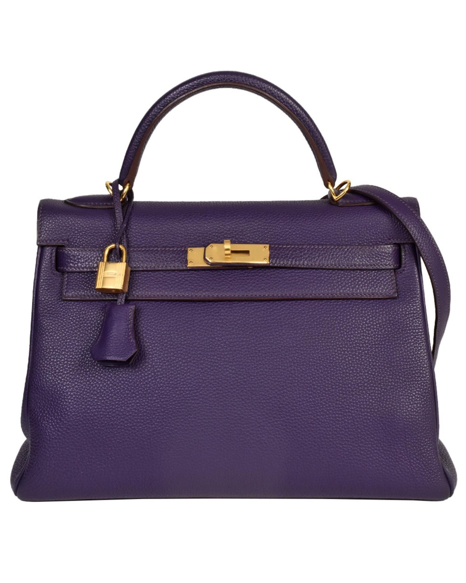 image of Hermes Exquisite Purple Leather Handbag With Gold Hardware, Women's